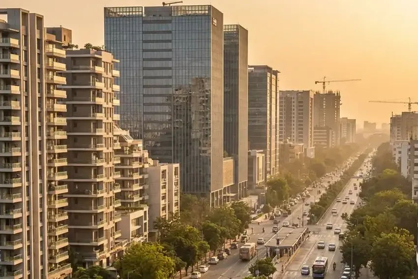 Modern Ahmedabad skyline along the inner ring road
